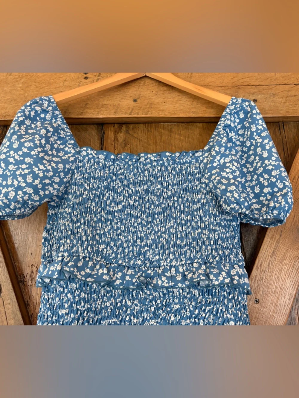 SHEIN US Size 4 Blue Floral Smocked Midi Maternity Dress with Ruffle Hem